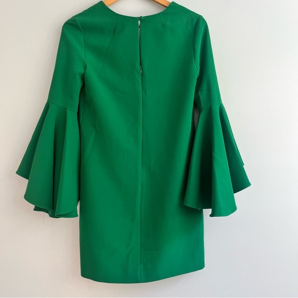 Milly Emerald Green Nicole Dress Size 4 V Neck Mini Sheath Ruffle 3/4 Sleeves - Picture 8 of 13